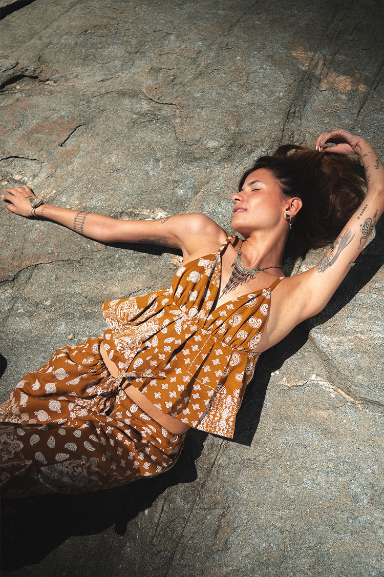 Top Solaria Sarja Estampado Caramelo Com Alça