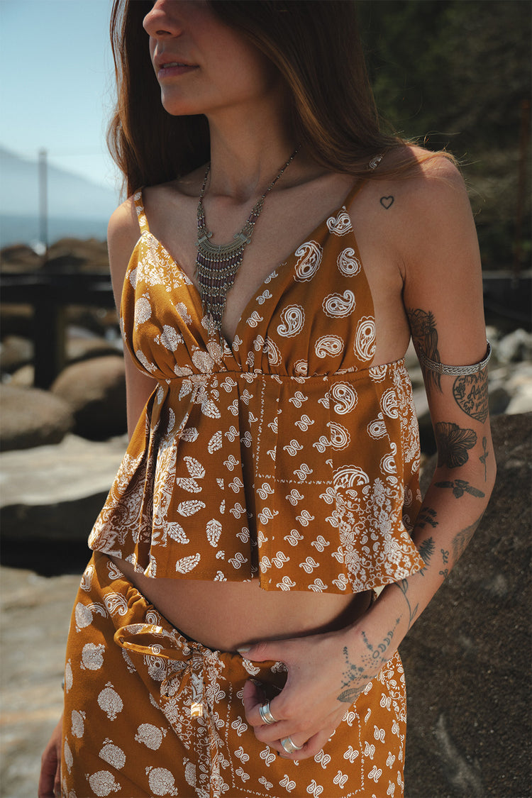 Top Solaria Sarja Estampado Caramelo Com Alça