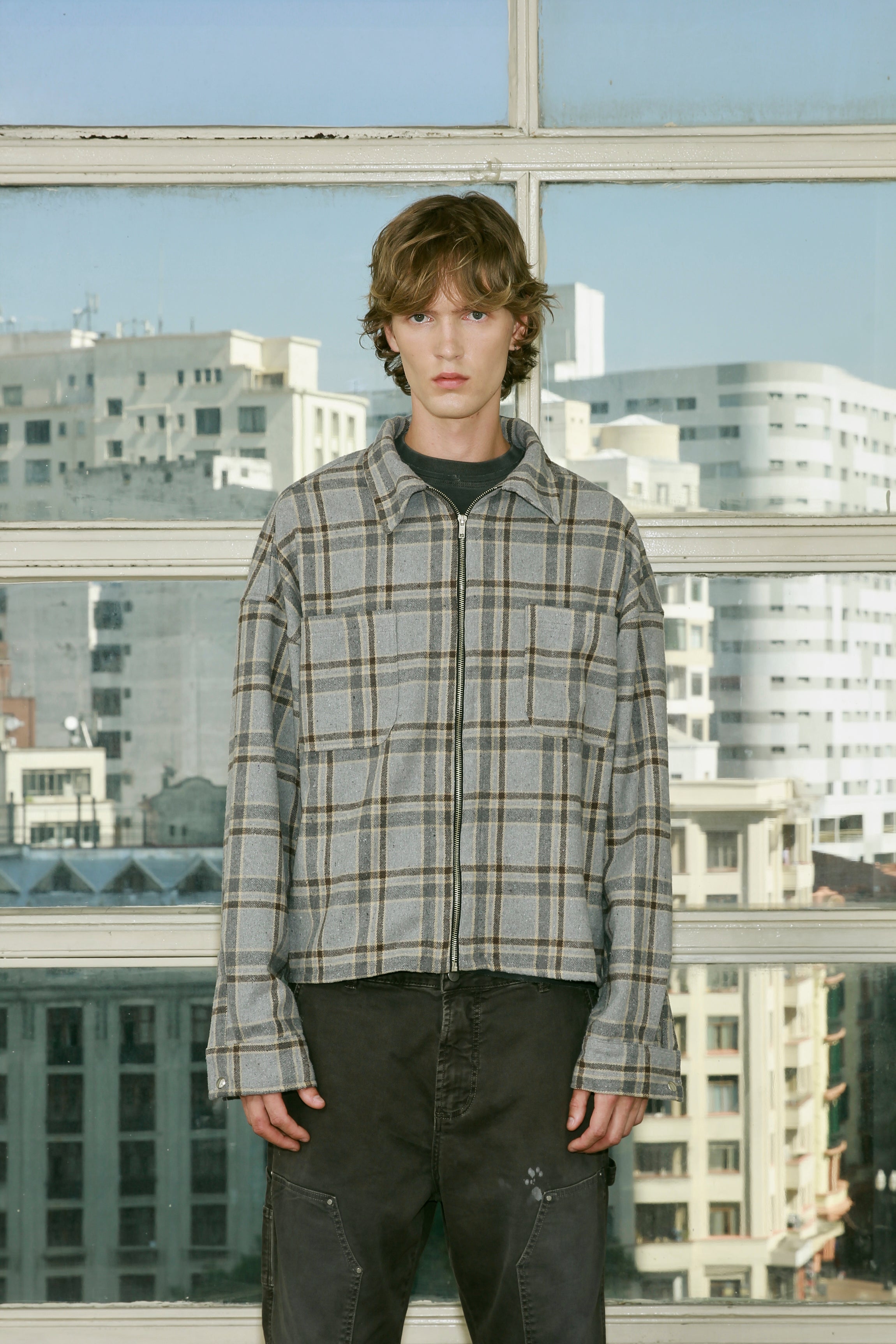 Camisa Aphase Check Zip Xadrez Cinza