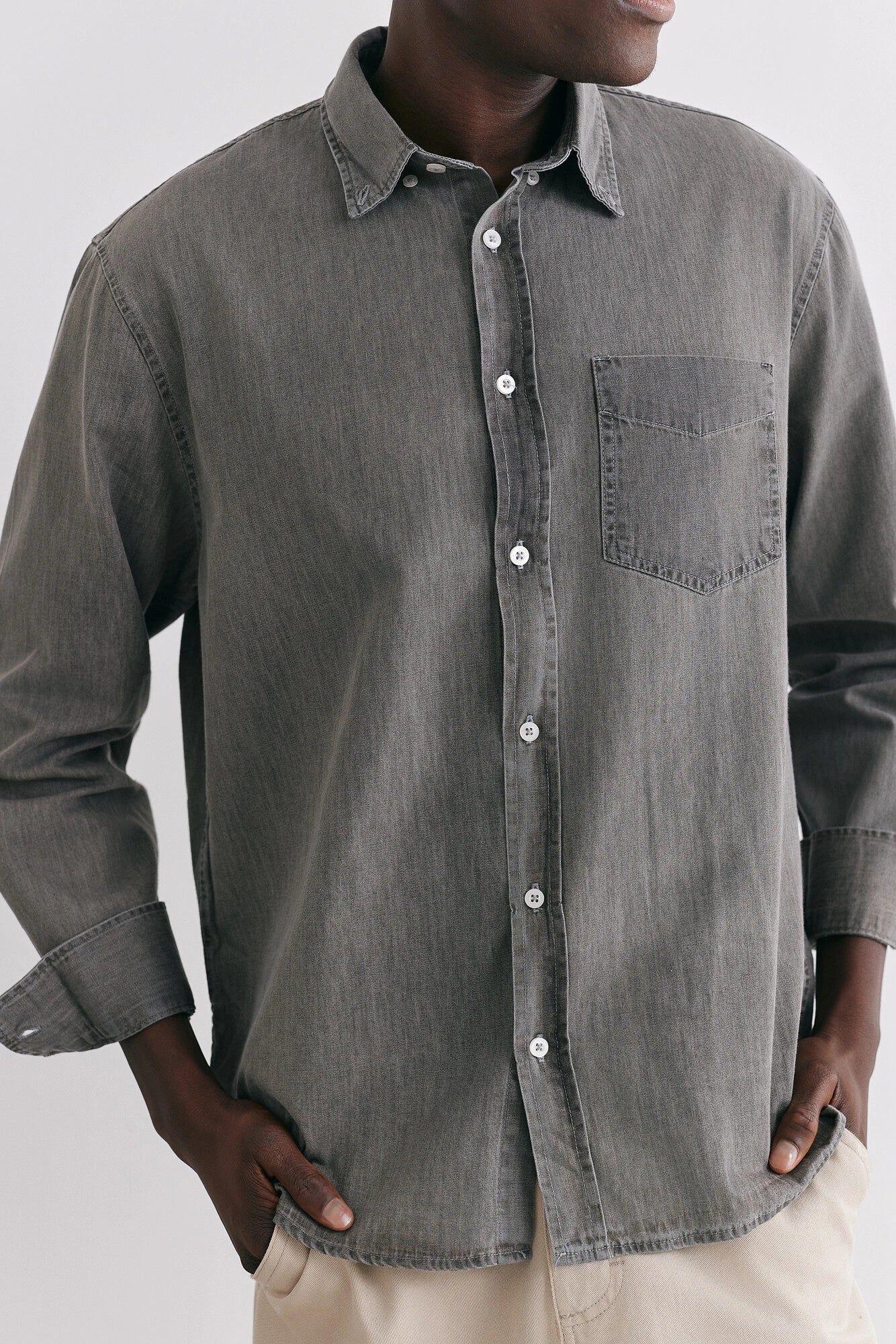 Camisa Birden Manga Longa Oxford Washed Charcoal Cinza